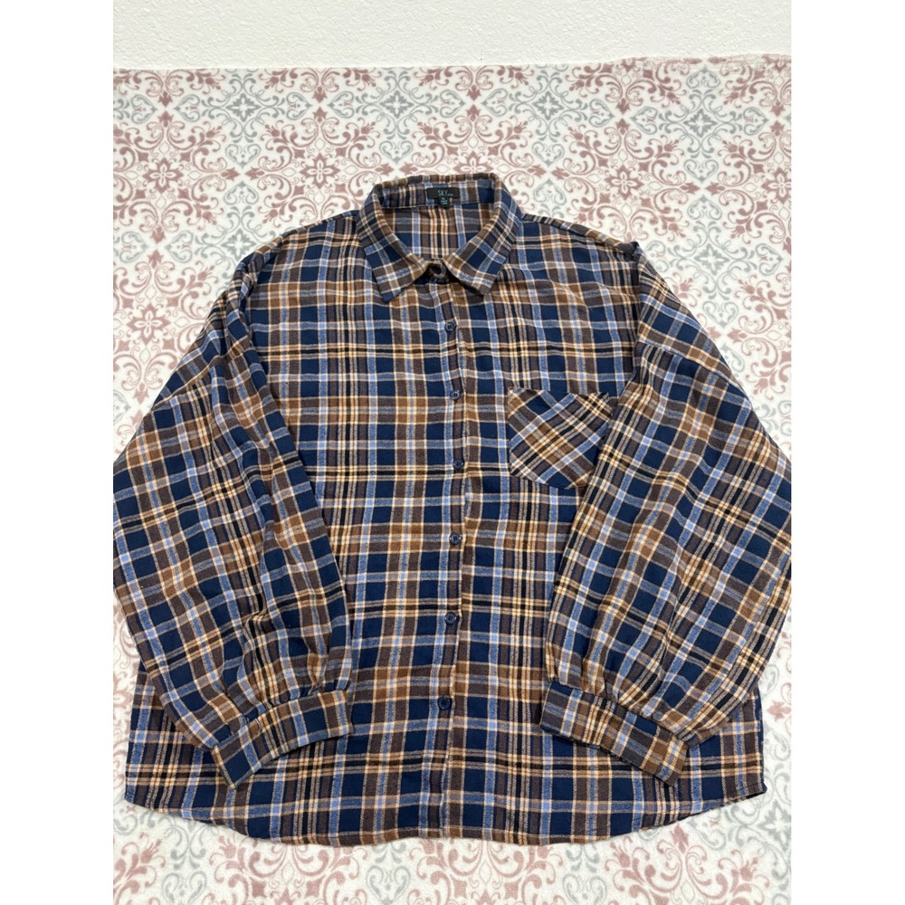 Sky Plus Womens 3X Flannel Shirt Blue Brown Plaid Long Sleeve Button Down Top
